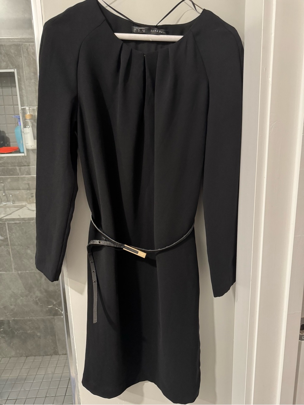Zara Black Long-Sleeve Belted Sheath Dress with Pleated Front